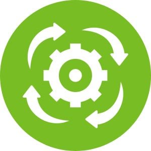 White Workflow Icon with a Gear and Arrows on Green Circle