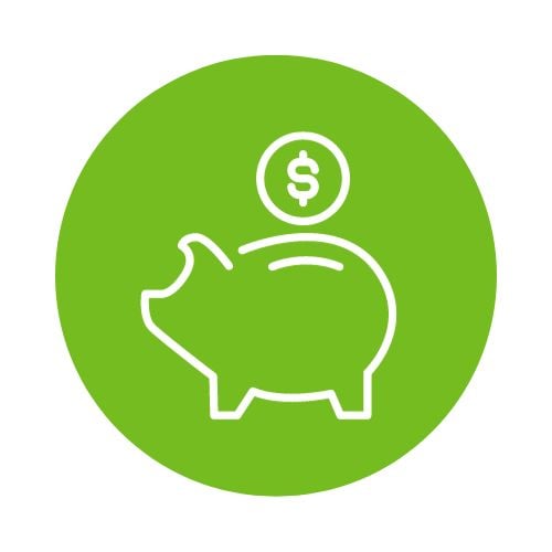 Green Circle with White Piggy Bank and Coin Icons