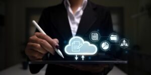 Woman with Pen Pointing to ECM Graphics