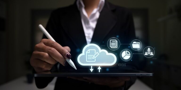 Woman with Pen Pointing to ECM Graphics