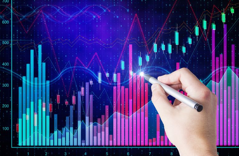 Hand with Pen and Blue and Purple Bar Graph