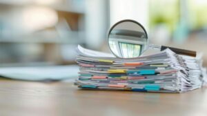 Pile of Documents with Magnifying Glass on Top