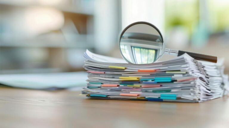 Pile of Documents with Magnifying Glass on Top