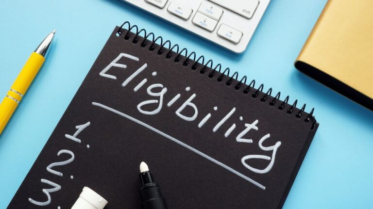 Black Notebook with White Eligibility Text and List on a Desk with Laptop