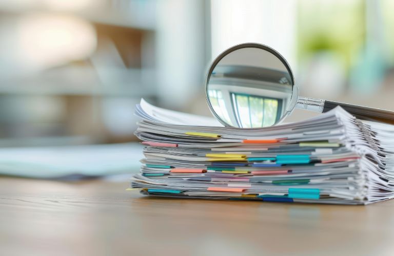 Stack of Documents with a Magnifying Glass on Top